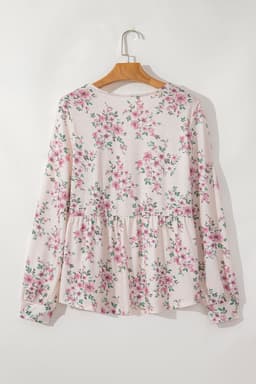 image-Pink Floral Pleated U Neck Loose Fit Blouse