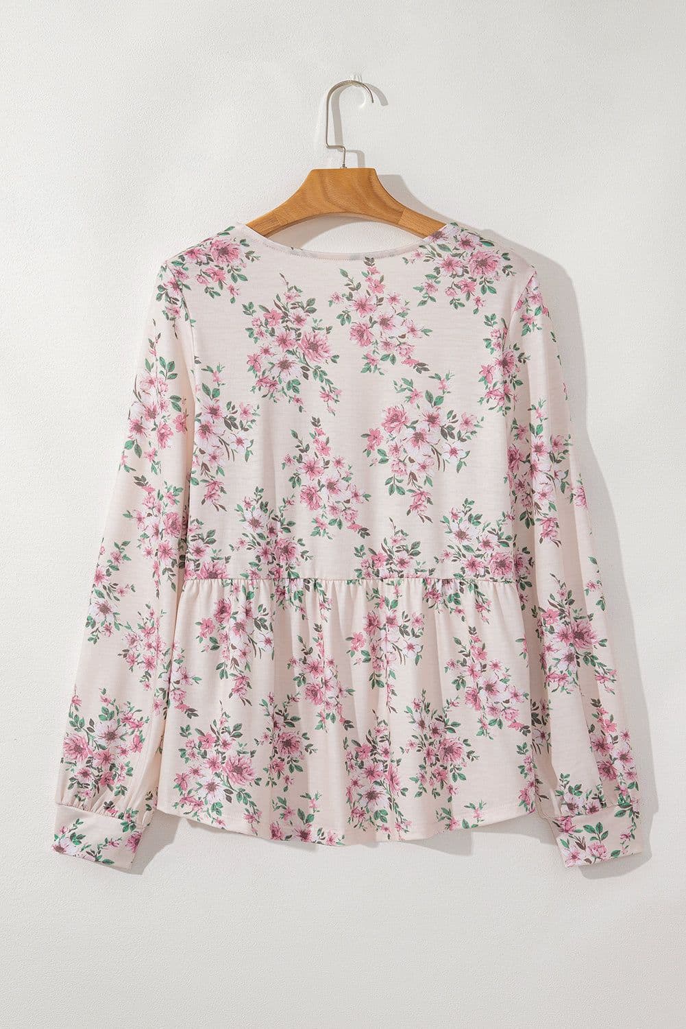 image-Pink Floral Pleated U Neck Loose Fit Blouse