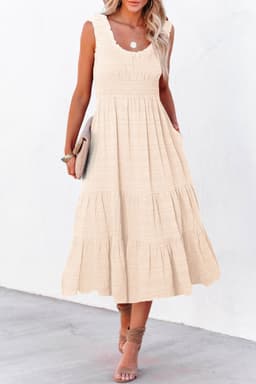 image-Rose Shirred Pleated Square Neck Sleeveless Midi Dress
