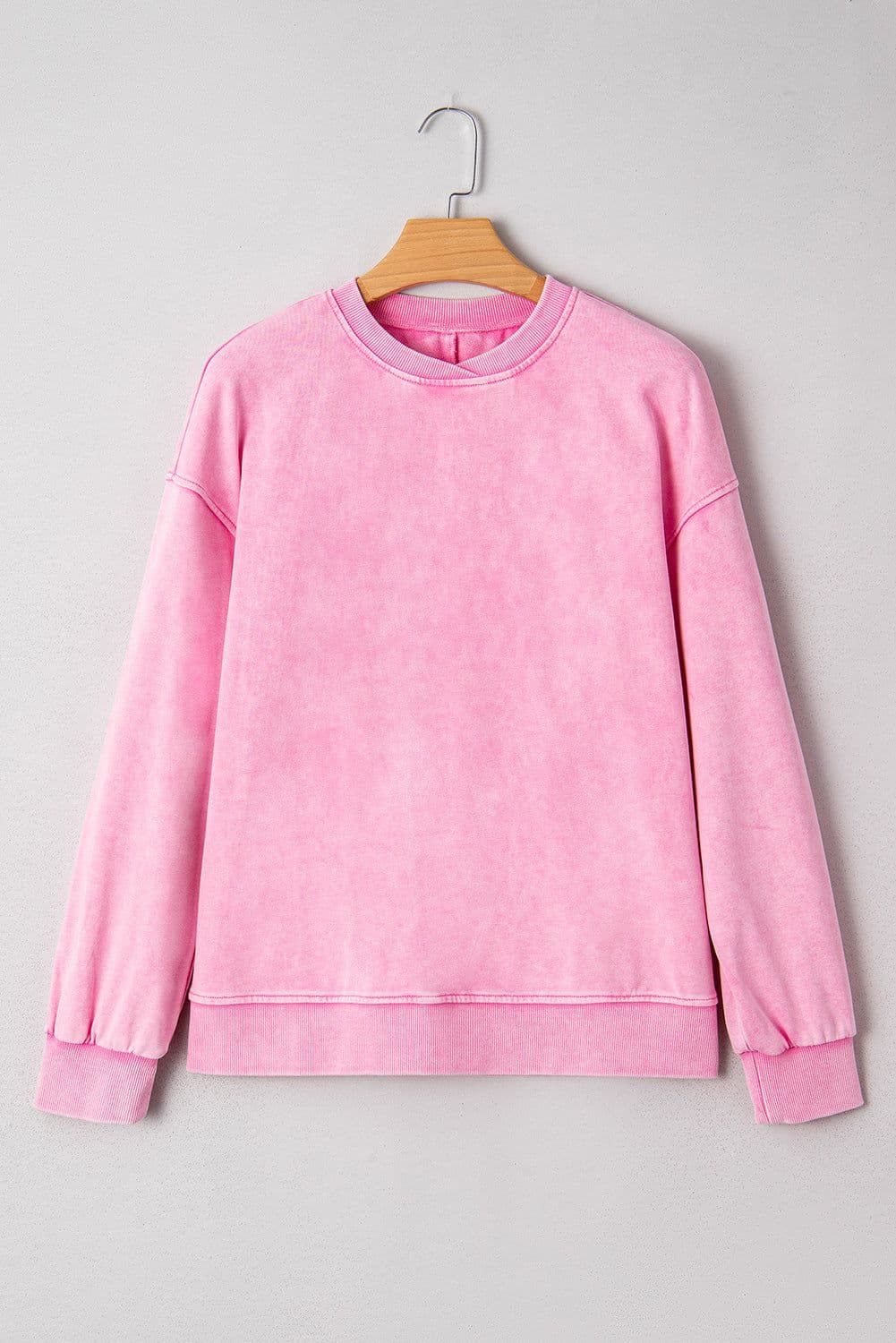 image-Bright Pink Mineral Wash Crossed Crew Neck Drop Shoulder Loose Sweatshirt