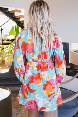 image-Sky Blue Floral Mini Dress - Empire Waist, Bracelet Sleeves, V-Neck
