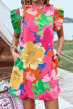 image-Blue Floral Flutter Sleeve Shift Mini Dress Pockets