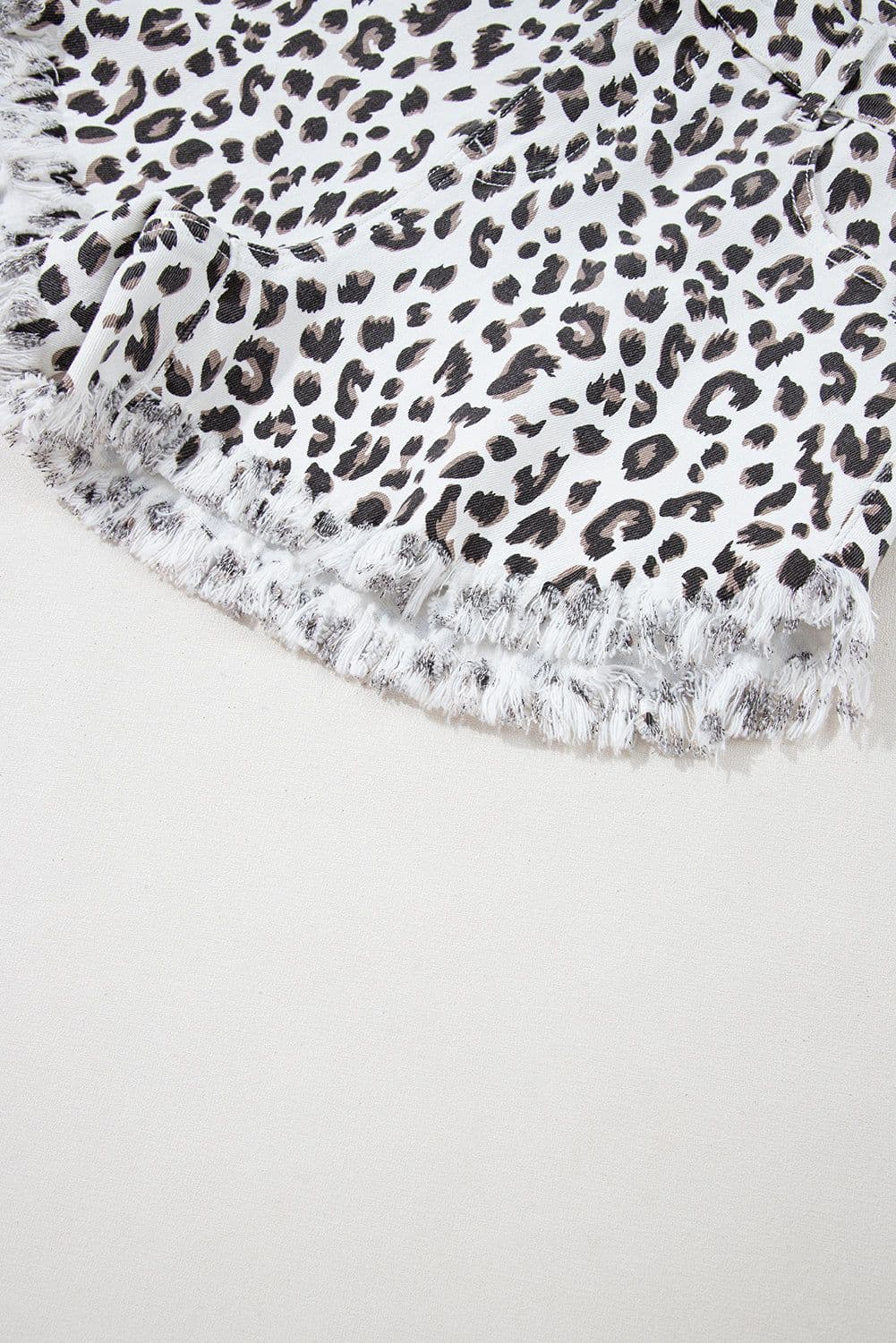 image-White Leopard Frayed Hem Denim Shorts