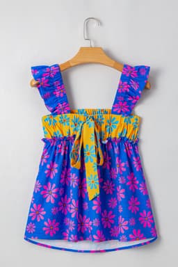 image-Blue Floral Colorblock Flutter Strap Tank Top
