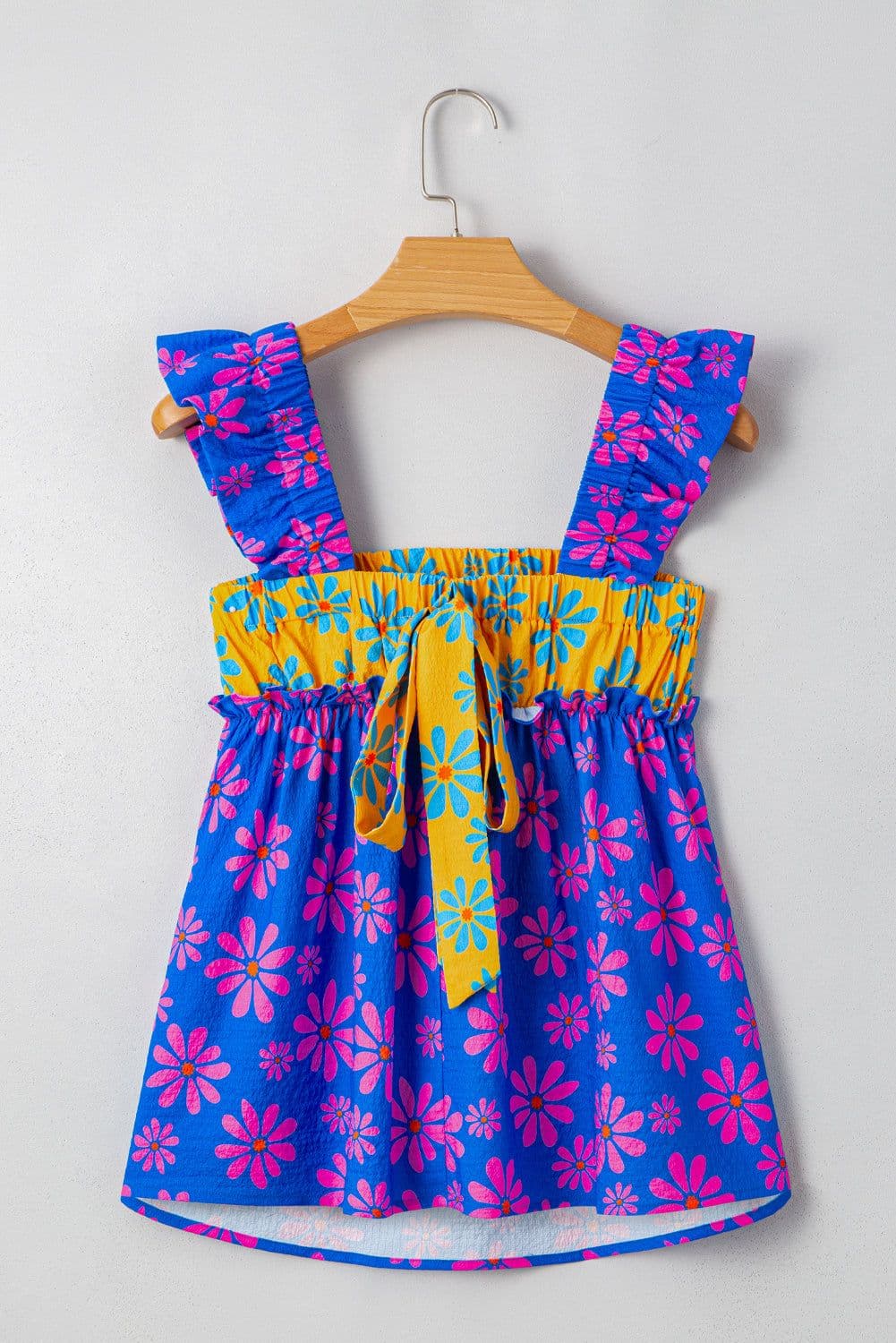 image-Blue Floral Colorblock Flutter Strap Tank Top