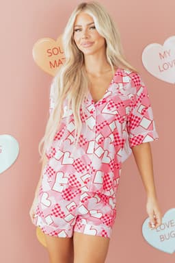 image-Pink Heart Print Silky Pajama Set Short