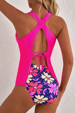 image-Rose Floral Tankini Set - V Neck Ruffled Hem Two-Piece Swimsuit