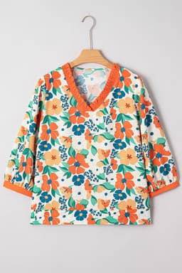 image-Orange Floral Print Blouse - Frilled V Neck