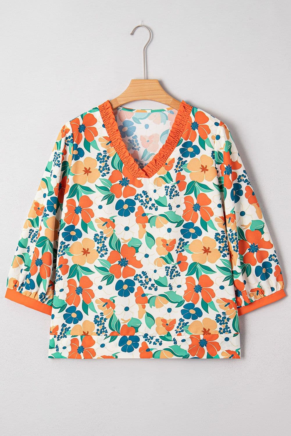 image-Orange Floral Print Blouse - Frilled V Neck