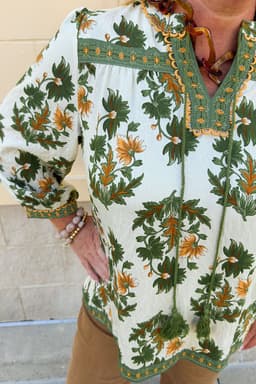 image-Green Plus Size Floral Printed Contrast Patchwork Detail Tassel Tie 3/4 Sleeve Blouse