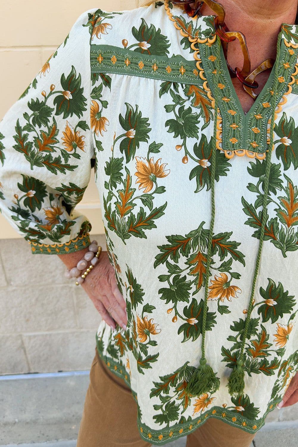 image-Green Plus Size Floral Printed Contrast Patchwork Detail Tassel Tie 3/4 Sleeve Blouse