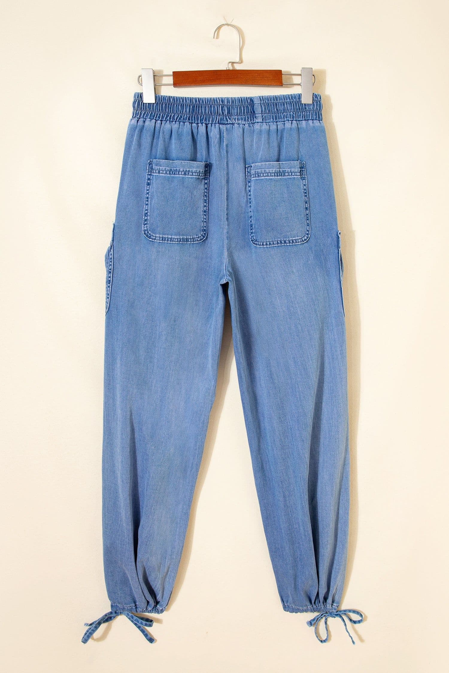 image-Beau Blue Drawstring Elastic Waist Pocketed Loose Denim Pants