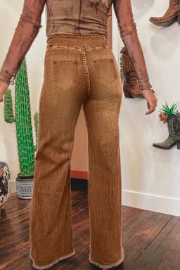 image-Coffee High Waist Flare Jeans - Button Fly Raw Hem