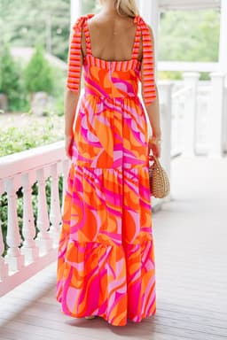 image-Red Abstract Print Knotted Shoulder Maxi Dress