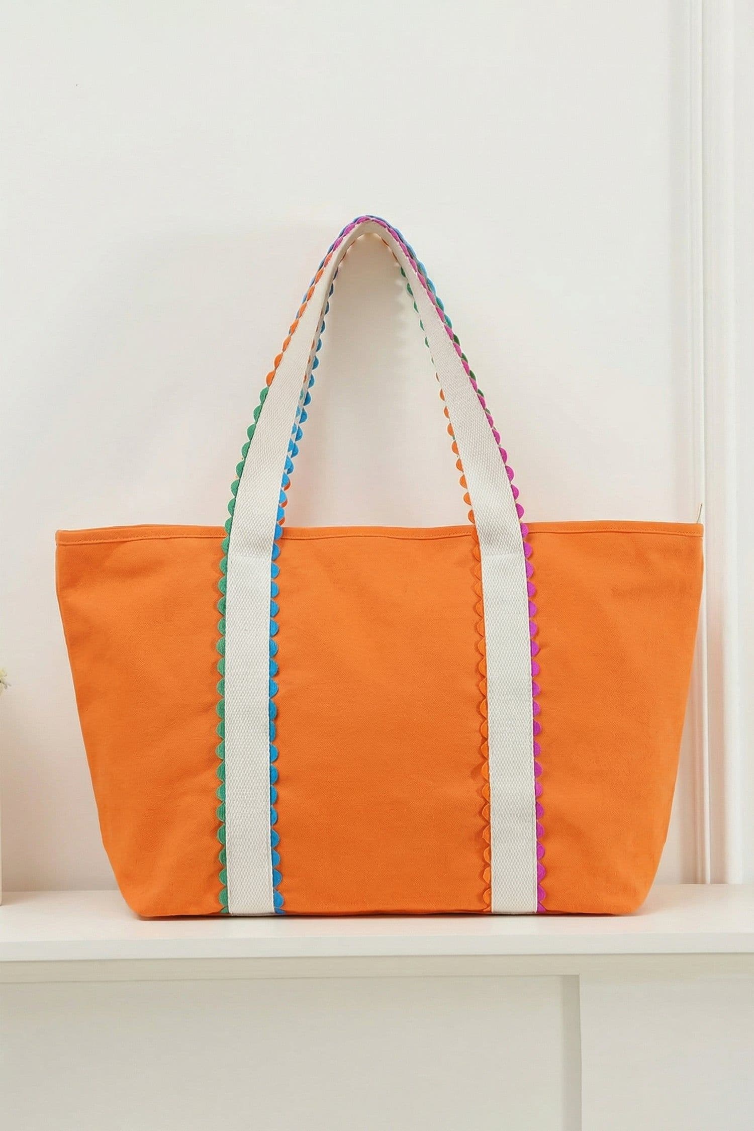 image-White Canvas Tote Bag - Colorful Ricrac Detail