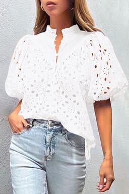 image-White Embroidered Hollow-out Puff Sleeve Blouse - Floral Design