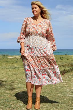 image-Plus Size Floral Tiered Ruffle Maxi Dress - Khaki