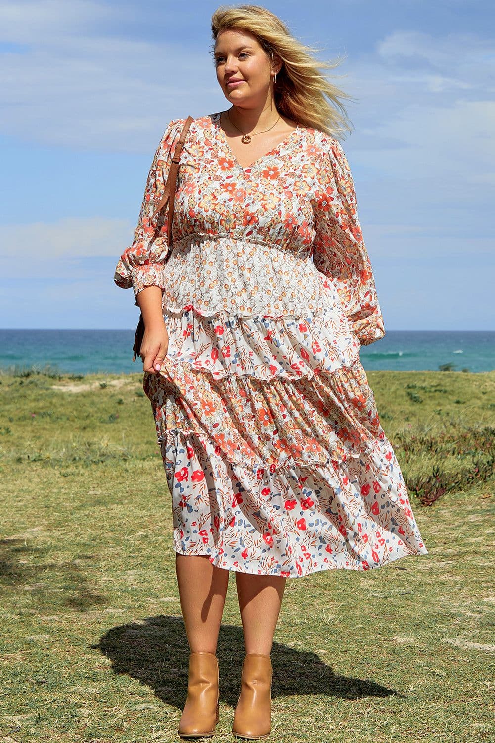 image-Plus Size Floral Tiered Ruffle Maxi Dress - Khaki