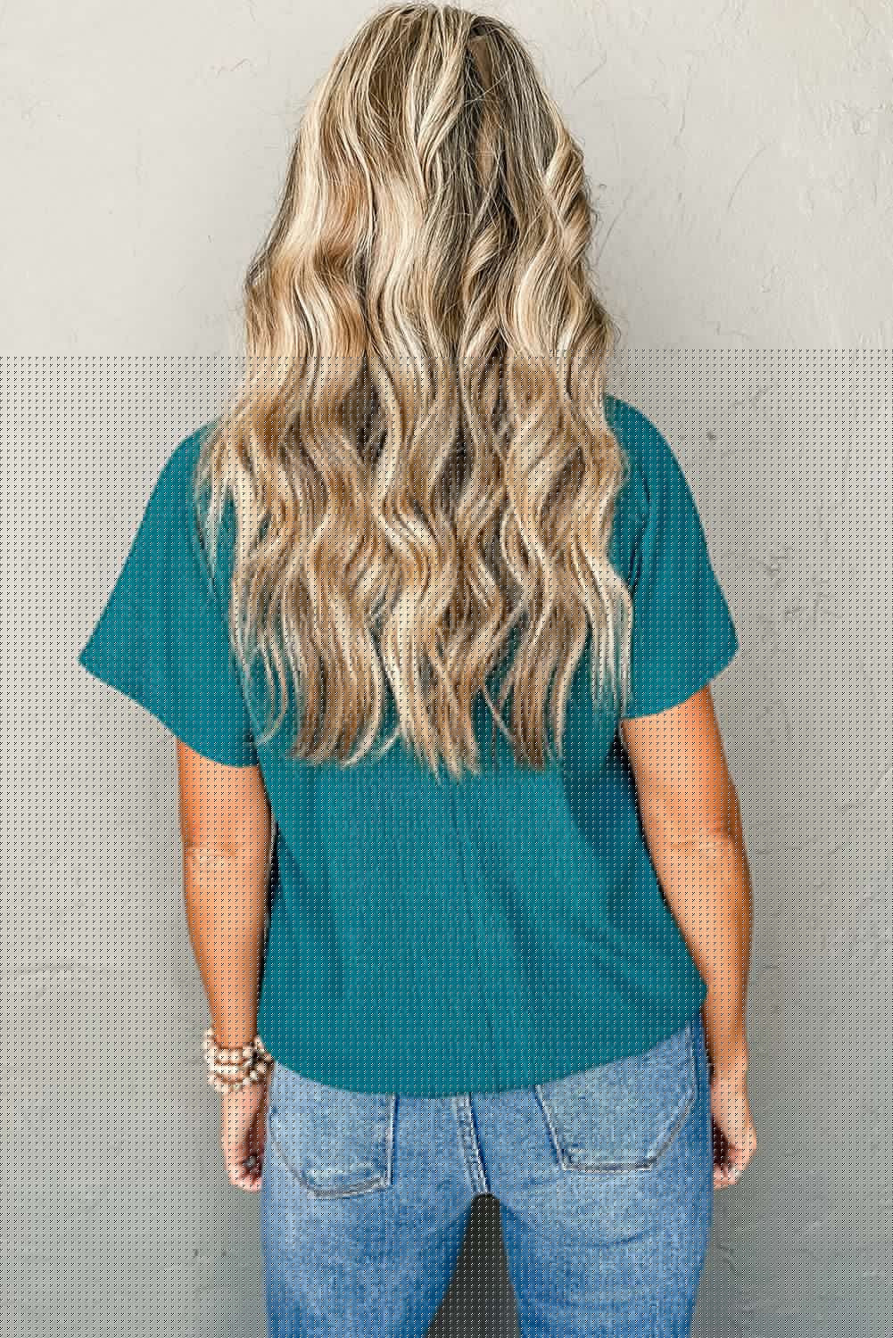 image-Blue Sapphire Crinkled V Neck T-shirt - Women's Fashion