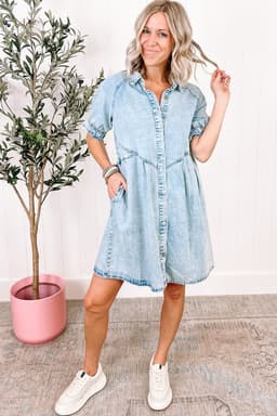 image-Beau Blue Mineral Wash Ruffled Denim Dress