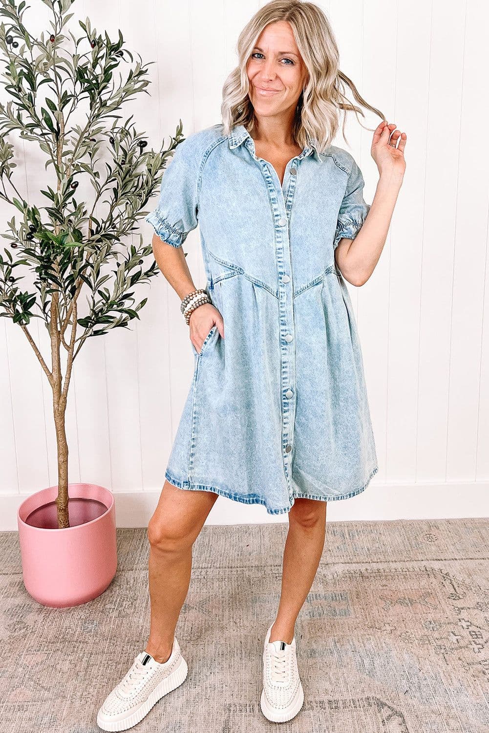 image-Beau Blue Mineral Wash Ruffled Denim Dress