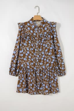 image-Brown Floral Print Ruffled Detail Shirt Collar Button Down Long Sleeve Dress
