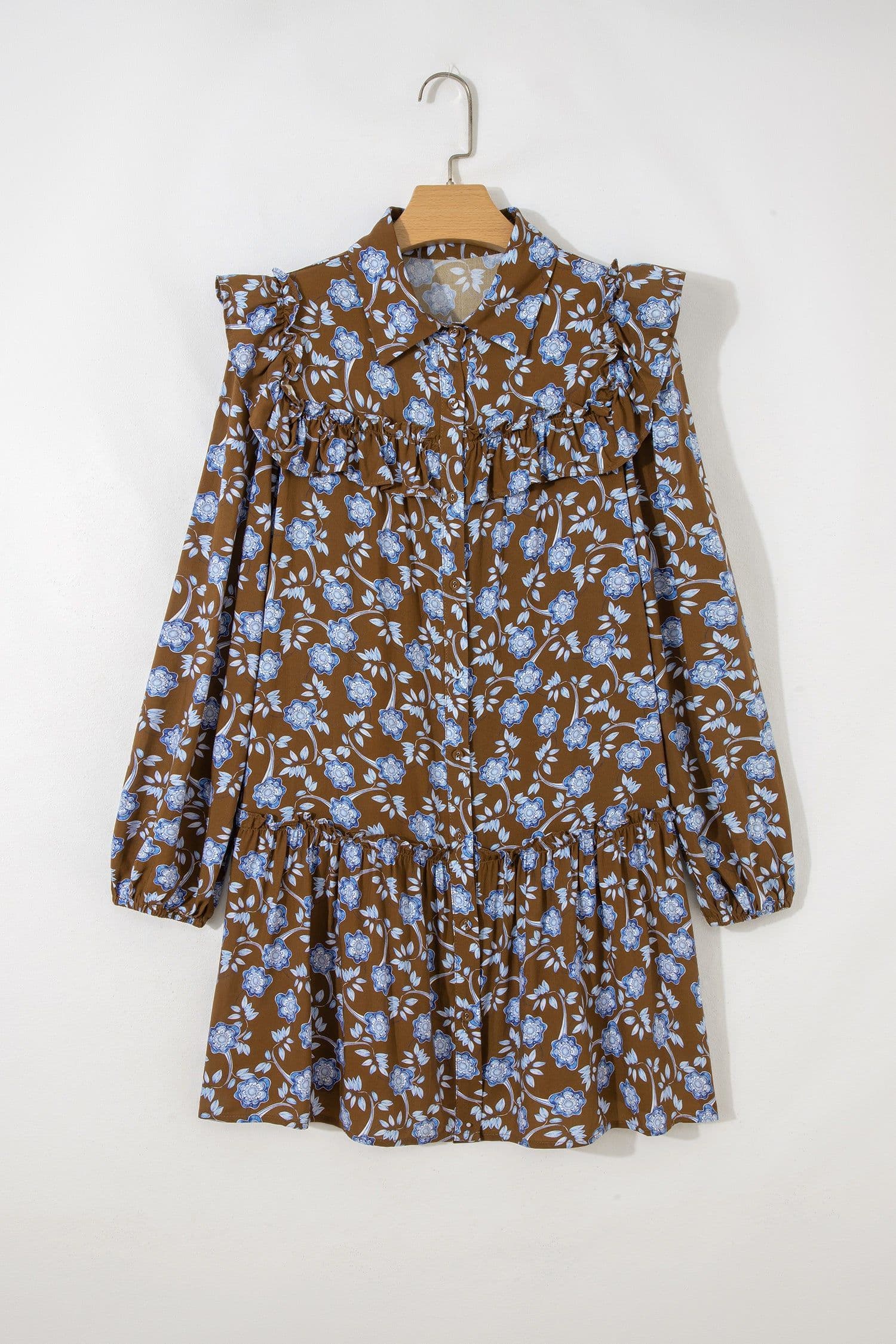 image-Brown Floral Print Ruffled Detail Shirt Collar Button Down Long Sleeve Dress