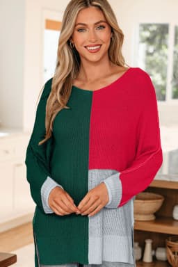 image-Evergreen Color Block Knit V Neck Sweater