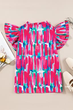 image-Rose Abstract Brush Print Ruffled Sleeve V Neck Blouse