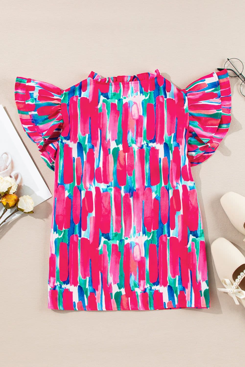 image-Rose Abstract Brush Print Ruffled Sleeve V Neck Blouse