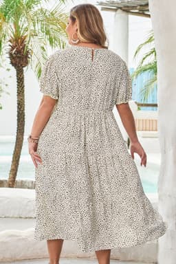 image-Leopard Print Frill Trim Flared Dress - Beige Plus Size