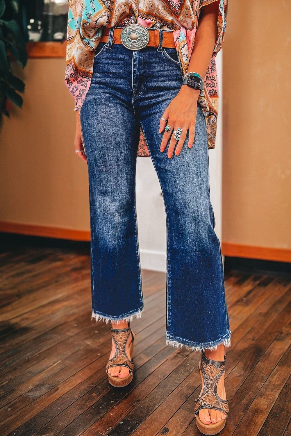 image-Beau Blue High Waist Flared Jeans - Raw Hem, Mineral Wash, 60" Modern