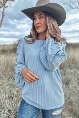 image-Mist Blue Puff Sleeve Corded Blouse with Frilly Detail (56 characters)