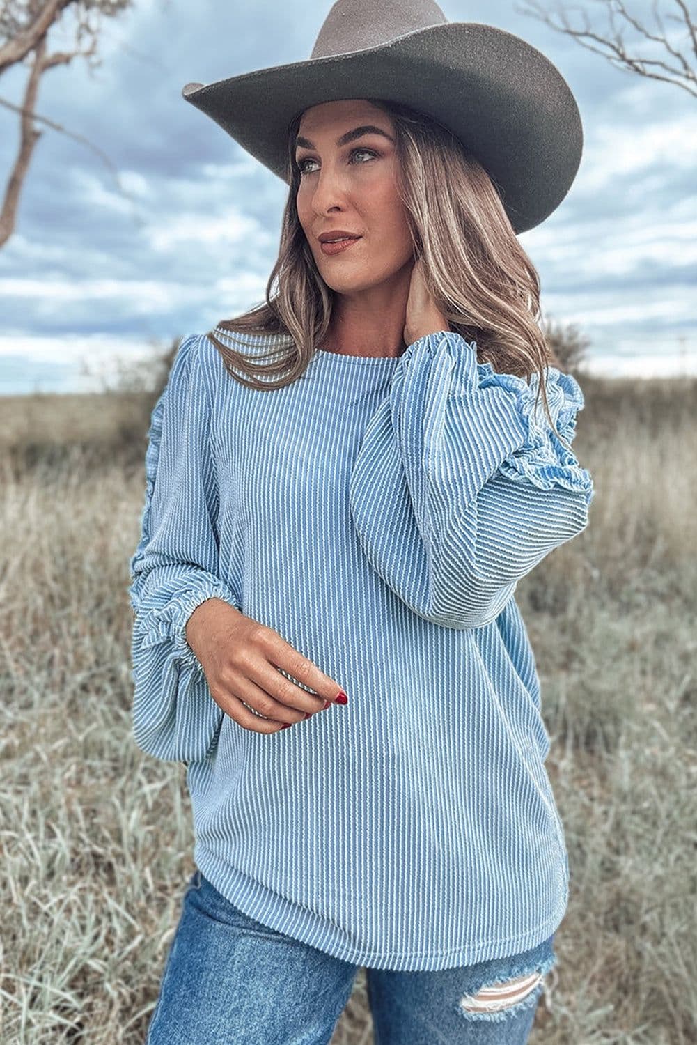 image-Mist Blue Puff Sleeve Corded Blouse with Frilly Detail (56 characters)