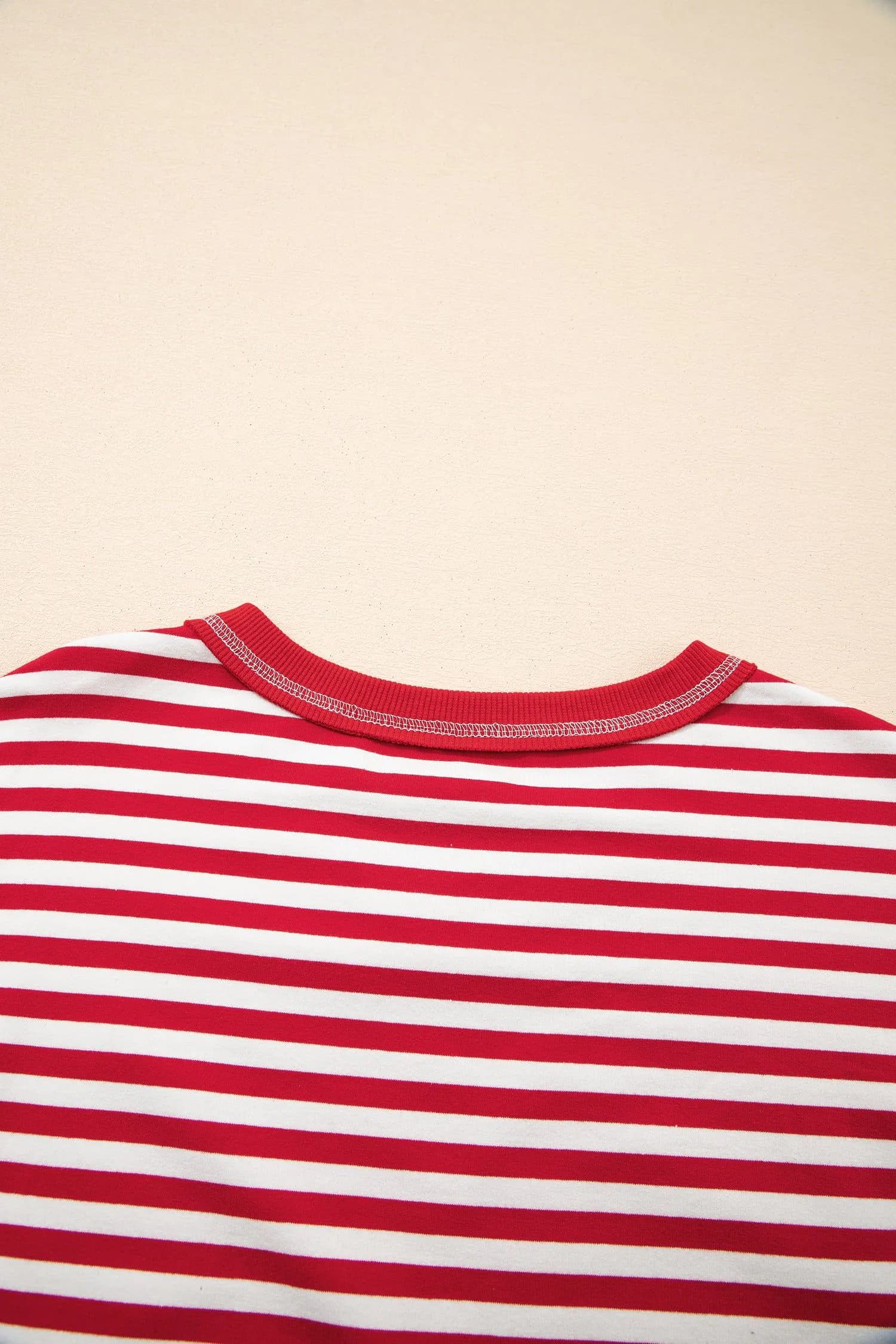 image-Red Stripe V Neck Balloon Sleeve Pullover