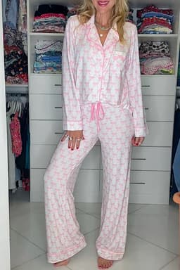 image-Sky Blue Bow Print Pajama Set Long Sleeve