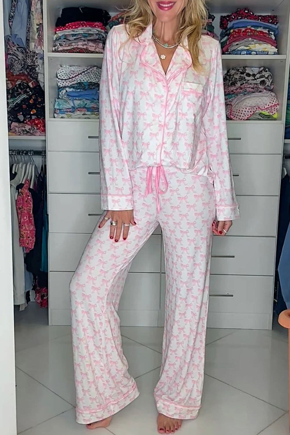 image-Sky Blue Bow Print Pajama Set Long Sleeve