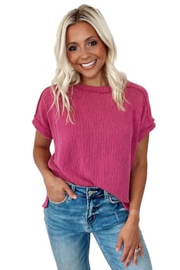 image-Medium Grey Textured Knit T-shirt with Exposed Stitching