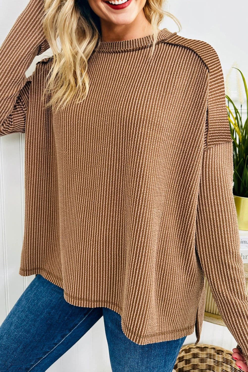 image-Black Twist Ribbed Long Sleeve Top - Exposed Seam