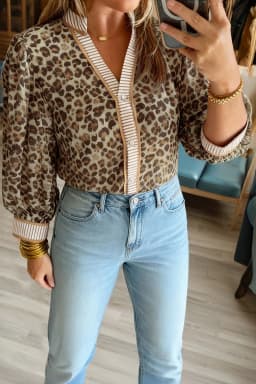 image-Khaki Contrast Striped Trim V Neck Leopard Shirt