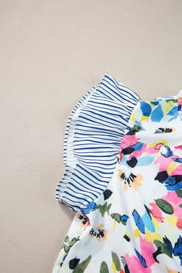 image-Light Blue Floral Print Blouse - Striped Ruffled Sleeves