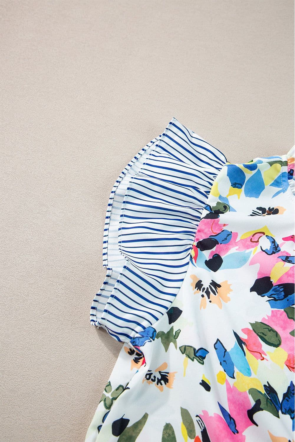 image-Light Blue Floral Print Blouse - Striped Ruffled Sleeves