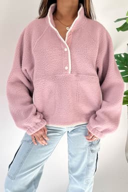 image-Fuchsia Half Button Zip Pocket Sweatshirt - Plush Elastic Cuffs