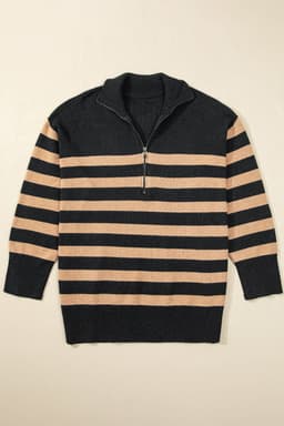 image-Oversized Stripe Collared Quarter Zipper Sweater - Black (60 chars)