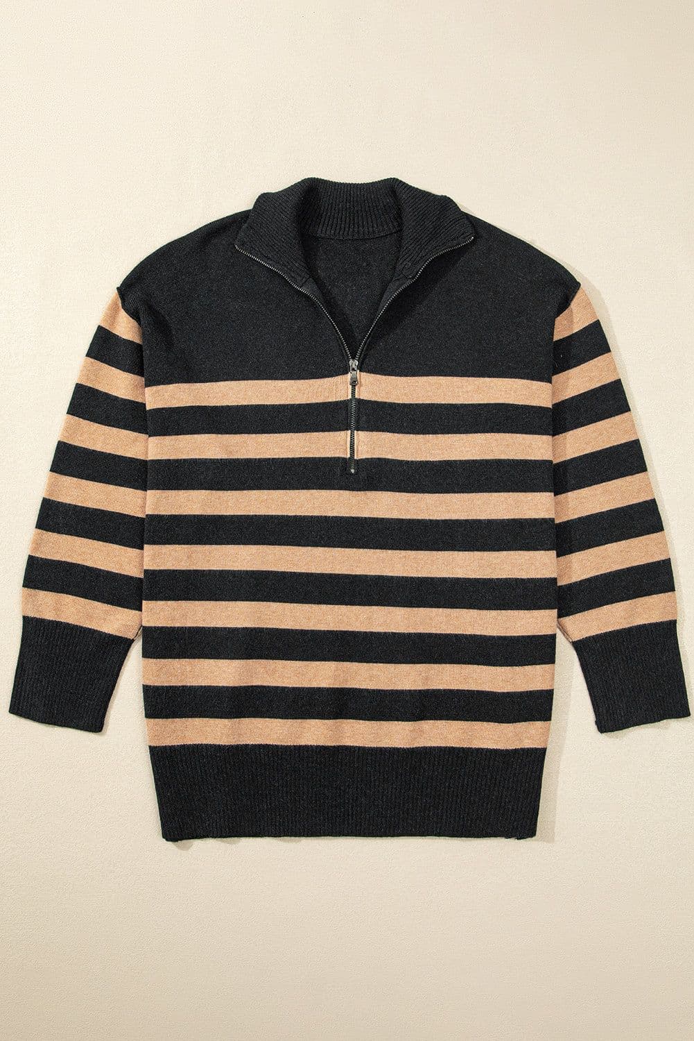 image-Oversized Stripe Collared Quarter Zipper Sweater - Black (60 chars)