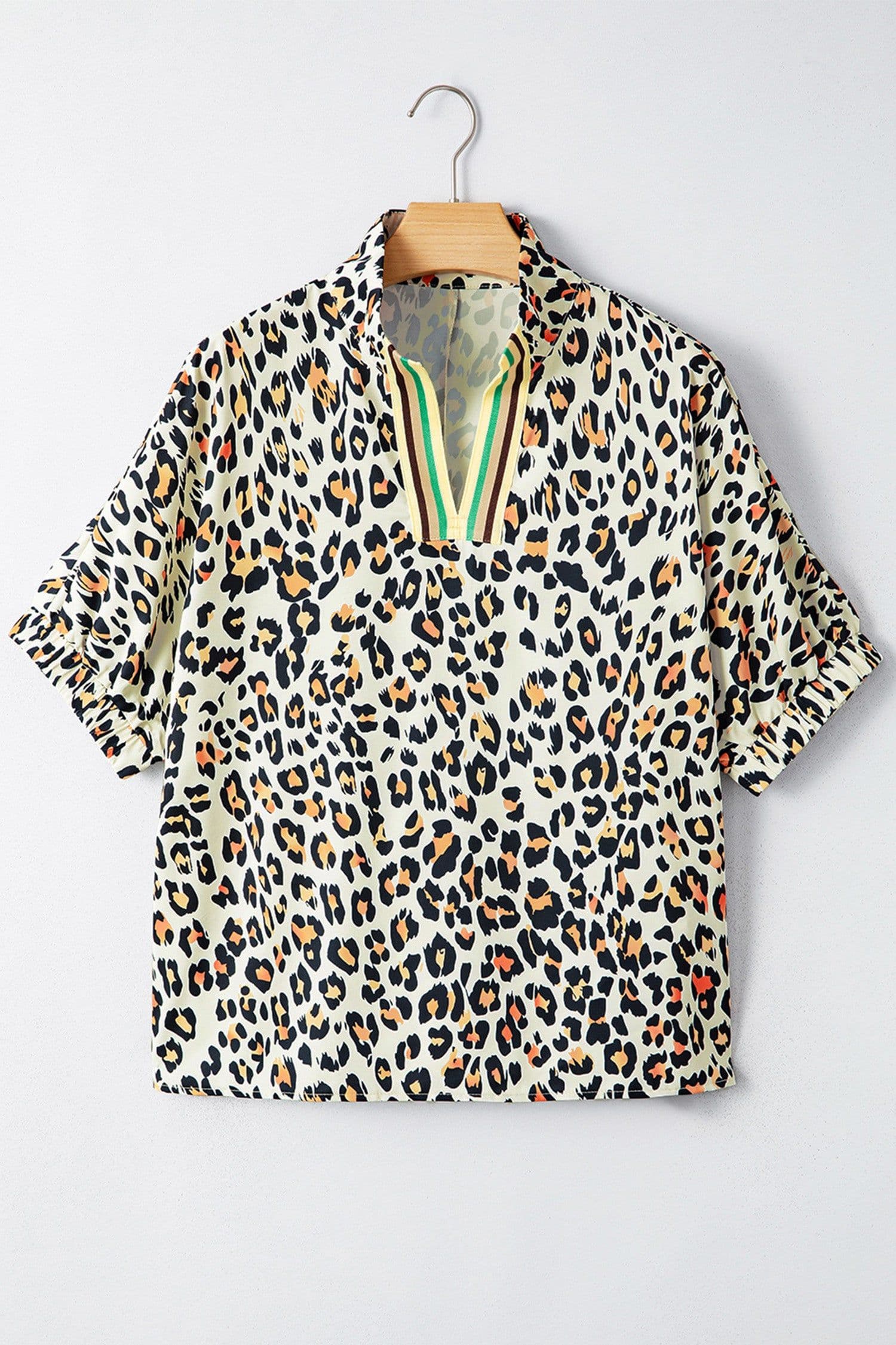 image-Sky Blue Leopard Striped V Neck Blouse