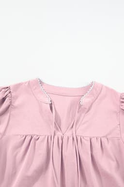 image-Pink Floral Embroidered Puff Sleeve Blouse with Split Neck & Tie Detail