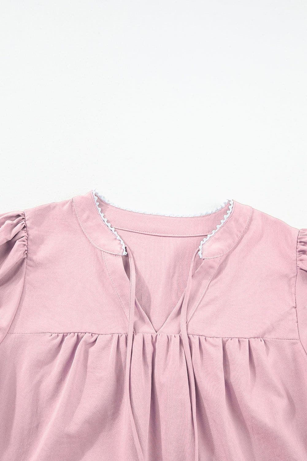 image-Pink Floral Embroidered Puff Sleeve Blouse with Split Neck & Tie Detail