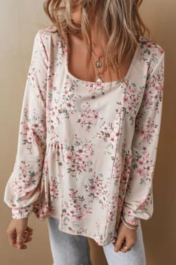 image-Pink Floral Pleated U Neck Loose Fit Blouse