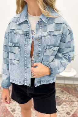 image-Beau Blue Denim Checkered Patchwork Jacket